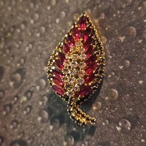 Vintage Red Black Rhinestone Leaf Pin